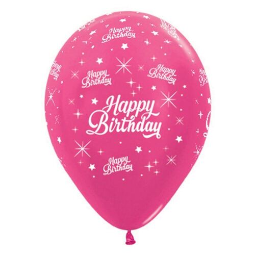 30cm Happy Birthday Twinkling Stars Metallic Fuchsia Latex Balloons 6 Pack