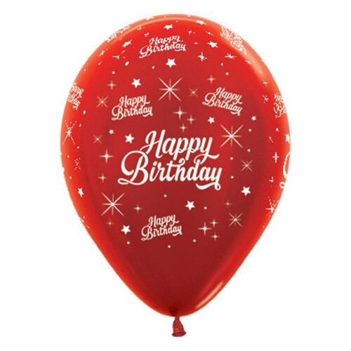 30cm Happy Birthday Twinkling Stars Metallic Red Latex Balloons 6 Pack