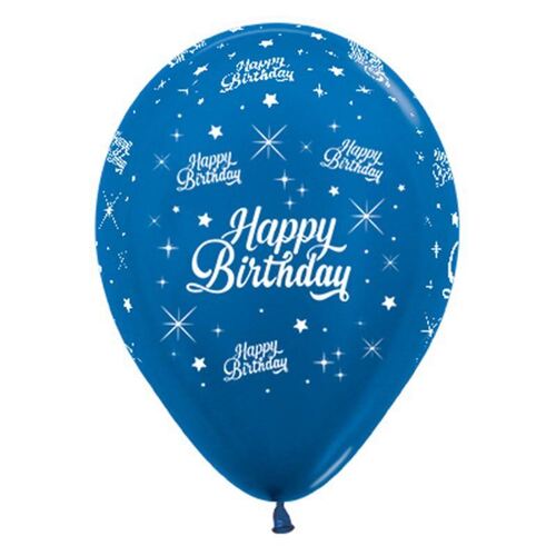 30cm Happy Birthday Twinkling Stars Metallic Blue Latex Balloons 6 Pack