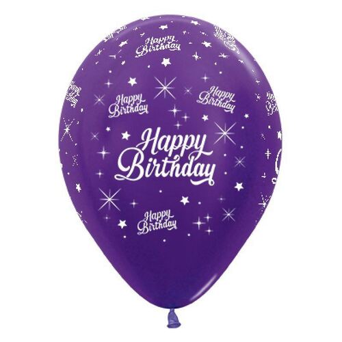 30cm Happy Birthday Twinkling Stars Metallic Purple Violet Latex Balloons 6 Pack