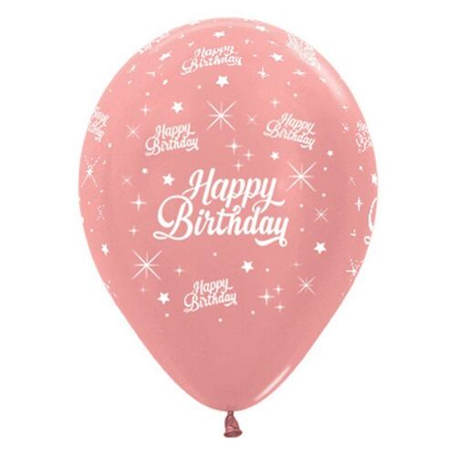 30cm Happy Birthday Twinkling Stars Metallic Rose Gold Latex Balloons 6 Pack