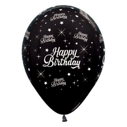 30cm Happy Birthday Twinkling Stars Metallic Black Latex Balloons 6 Pack