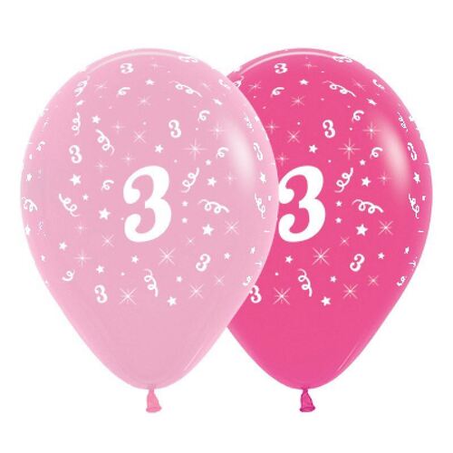  30cm Age 3 Fashion Pink  Assorted Latex Balloons 6 Pack