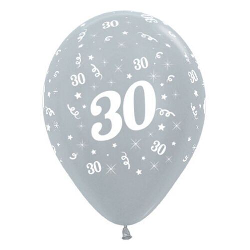  30cm Age 30 Satin Pearl Silver Latex Balloons 6 Pack