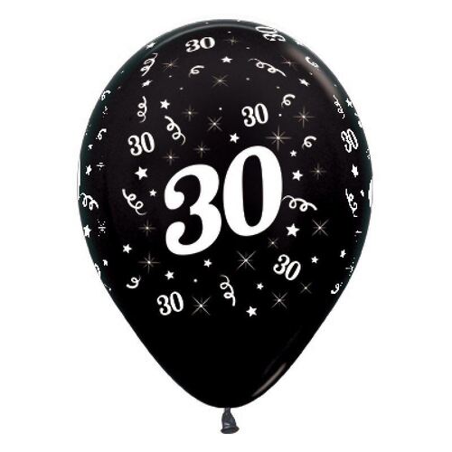  30cm Age 30 Metallic Black Latex Balloons 6 Pack