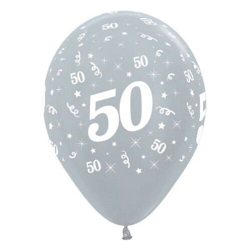  30cm Age 50 Satin Pearl Silver Latex Balloons 6 Pack