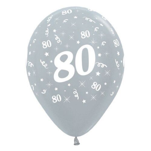  30cm Age 80 Satin Pearl Silver Latex Balloons 6 Pack