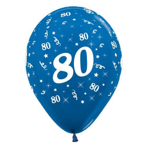  30cm Age 80 Metallic Blue Latex Balloons 6 Pack