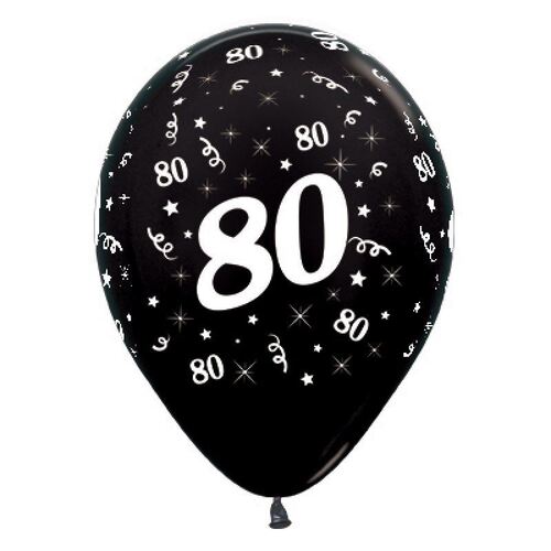  30cm Age 80 Metallic Black Latex Balloons 6 Pack