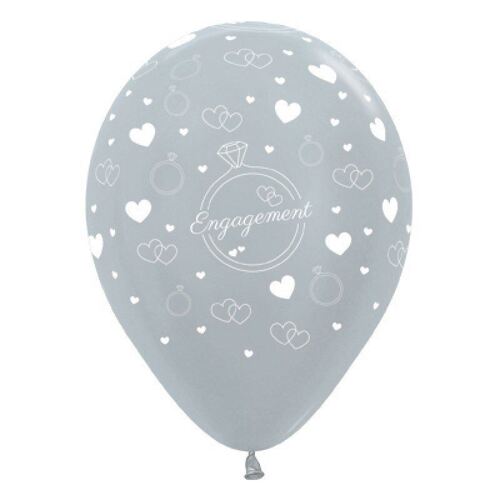 30cm Engagement Diamond Rings & Hearts Satin Pearl Silver Latex Balloons 6 Pack