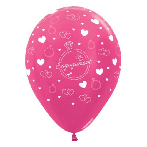 30cm Engagement Diamond Rings & Hearts Metallic Fuchsia Latex Balloons 6 Pack