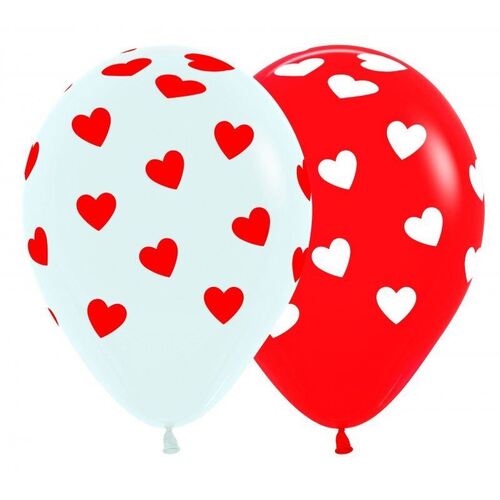 30cm Classic Hearts on Fashion Red & White Latex Balloons 12 Pack