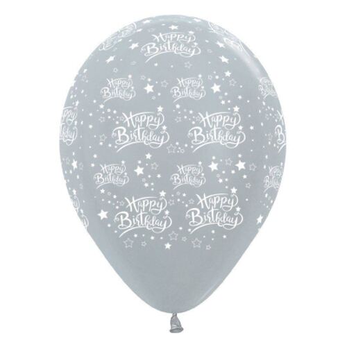 30cm Happy Birthday Stars Satin Pearl Silver Latex Balloons 25 Pack