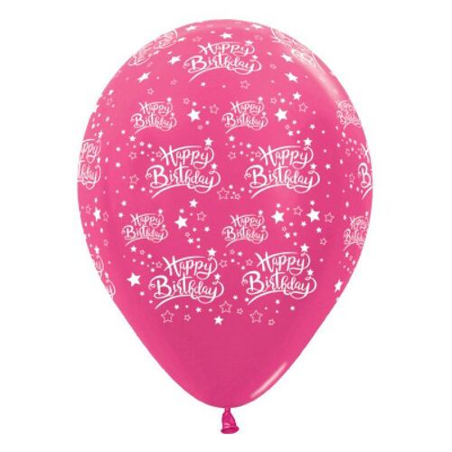 30cm Happy Birthday Stars Metallic Fuchsia Latex Balloons 6 Pack