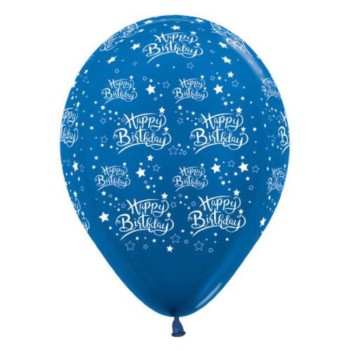 30cm Happy Birthday Stars Metallic Blue Latex Balloons 6 Pack