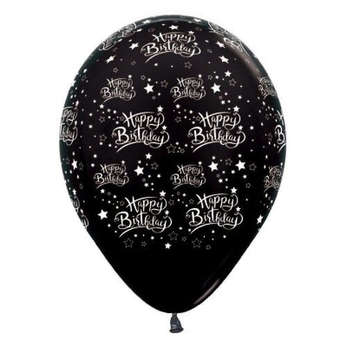 30cm Happy Birthday Stars Metallic Black Latex Balloons 25 Pack