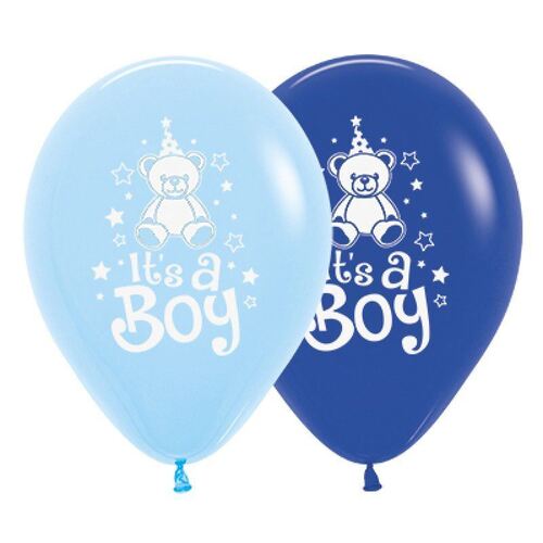 30cm It's A Boy Teddy Fashion Royal Blue & Light Blue Latex Balloons 25 Pack