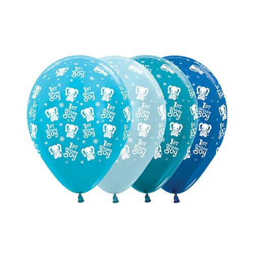  30cm 1st Birthday Boy Elephants Satin Pearl & Metallic Assorted Latex Balloons 25 Pack