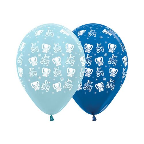  30cm 1st Birthday Boy Elephants Satin Pearl Blue & Metallic Blue Latex Balloons 25 Pack