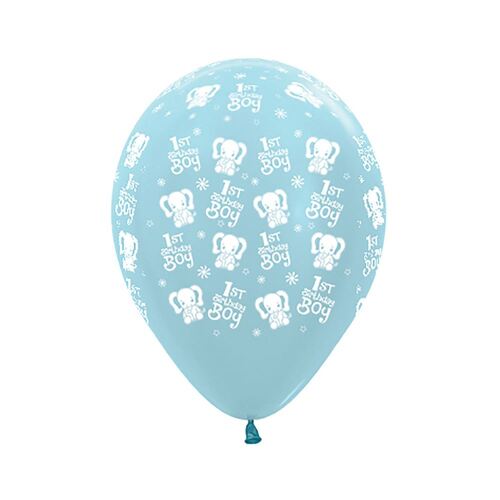  30cm 1st Birthday Boy Elephants Satin Pearl Blue Latex Balloons 25 Pack