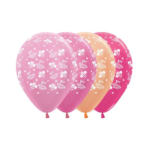  30cm 1st Birthday Girl Bumble Bee's Satin Pearl & Metallic Assorted Latex Balloons 25 Pack