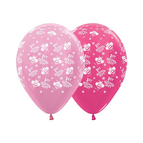  30cm 1st Birthday Girl Bumble Bee's Satin Pearl Pink & Metallic Fuchsia Latex Balloons 25 Pack