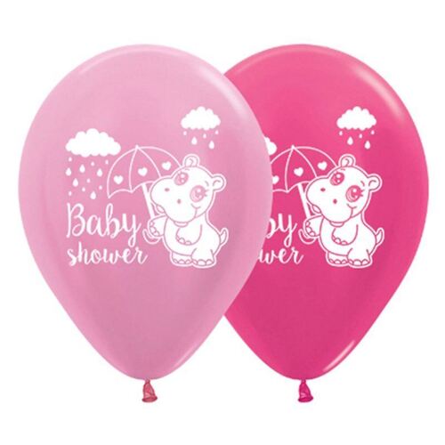30cm Baby Shower Hippo Satin Pearl Pink & Metallic Fuchsia Latex Balloons 6 Pack