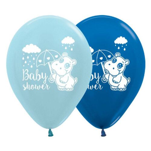 30cm Baby Shower Hippo Satin Pearl Blue & Metallic Blue Latex Balloons 25 Pack