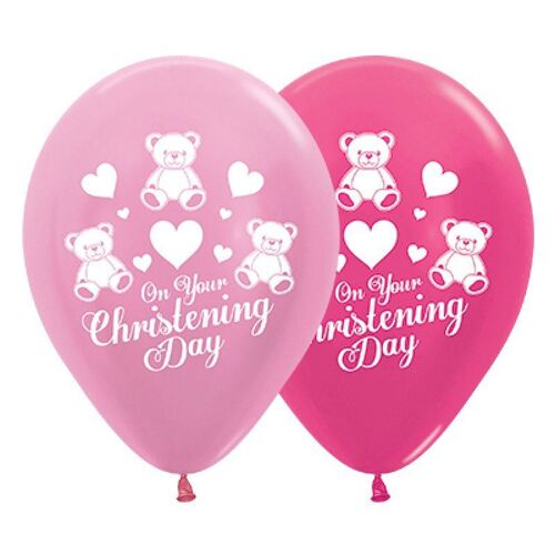 30cm On Your Christening Day Satin Pearl Pink & Metallic Fuchsia Latex Balloons 25 Pack