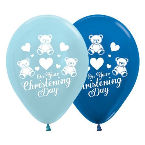 30cm On Your Christening Day Satin Pearl Blue & Metallic Blue Latex Balloons 6 Pack
