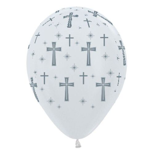 30cm Holy Cross Satin Pearl White & Silver Ink Latex Balloons 25 Pack
