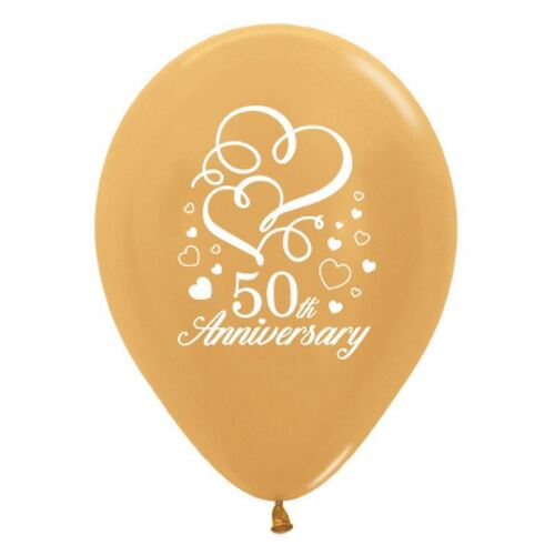 30cm 50th Anniversary Hearts Metallic Gold Latex Balloons 25 Pack