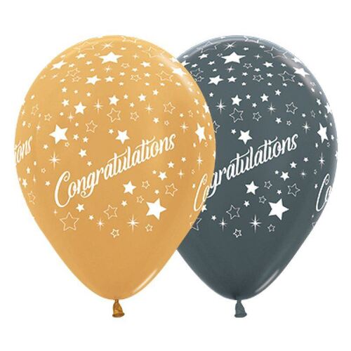 30cm Congratulations Stars Metallic Gold & Graphite Latex Balloons 25 Pack