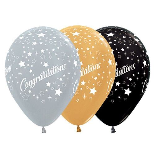 30cm Congratulations Stars Metallic Gold, Silver Black Latex Balloons 25 Pack