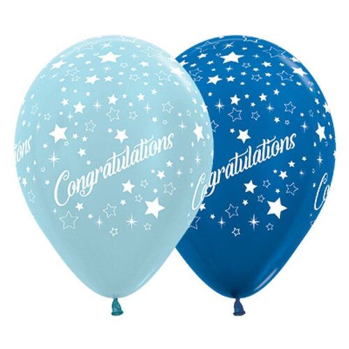 30cm Congratulations Stars Satin Pearl Blue & Metallic Blue Latex Balloons 25 Pack