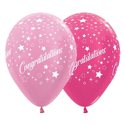 30cm Congratulations Stars Faces Satin Pearl Pink & Metallic Fuchsia Latex Balloons 25 Pack