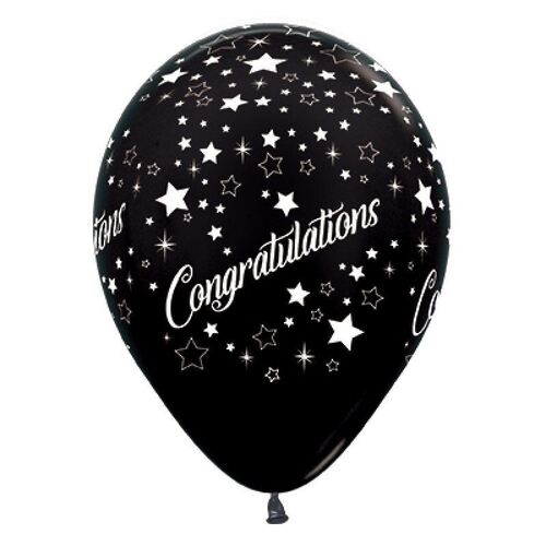 30cm Congratulations Stars Metallic Black Latex Balloons 6 Pack