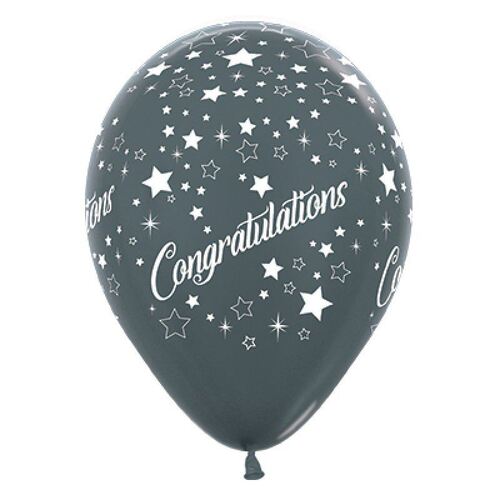 30cm Congratulations Stars Metallic Graphite Latex Balloons 6 Pack