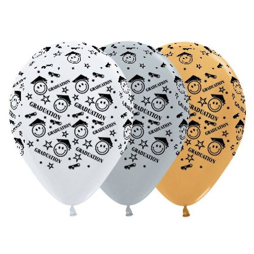 30cm Graduation Smiley Faces Satin White, Silver & Metallic Gold Latex Balloons 25 Pack