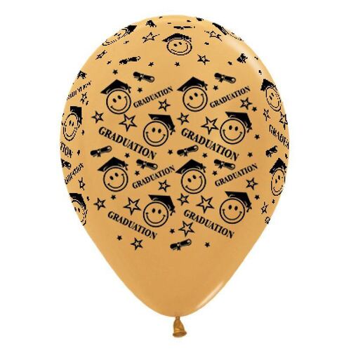 30cm Graduation Smiley Faces Metallic Gold Latex Balloons 6 Pack