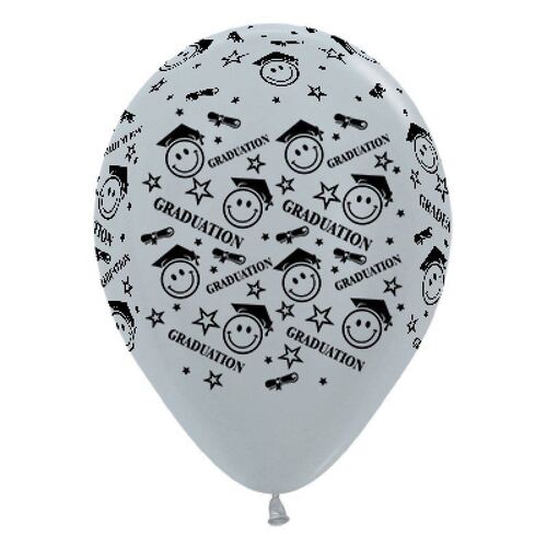 30cm Graduation Smiley Faces Satin Pearl Silver Latex Balloons 6 Pack