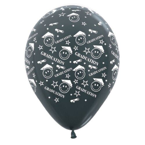 30cm Graduation Smiley Faces Metallic Graphite Latex Balloons 6 Pack