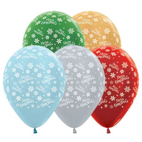 Sempertex 30cm Merry Christmas Snowflakes Satin Pearl & Metallic Assorted Latex Balloons 25 Pack