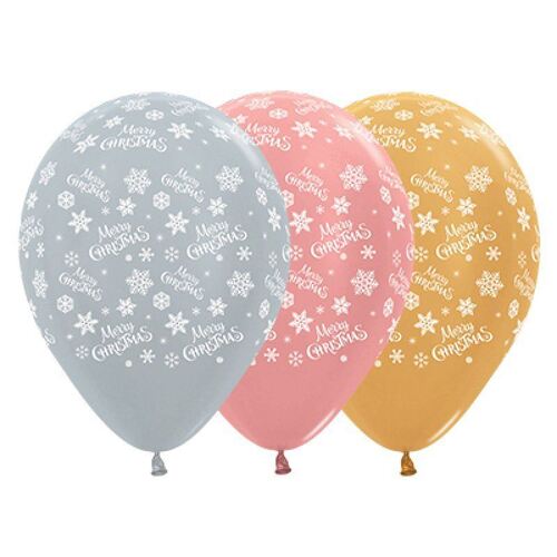 Sempertex 30cm Merry Christmas Snowflakes Metallic Silver, Rose Gold & Gold Latex Balloons 25 Pack