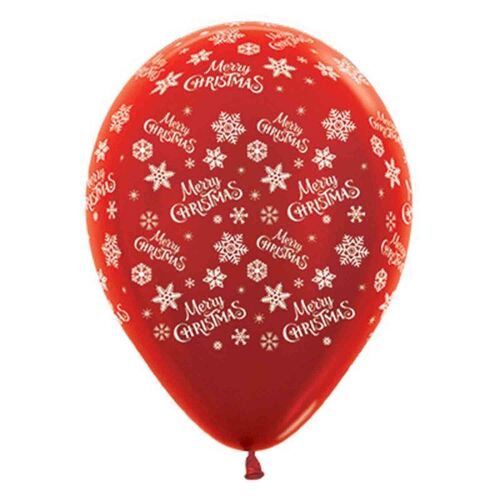 Sempertex 30cm Merry Christmas Snowflakes Metallic Red Latex Balloons 6 Pack