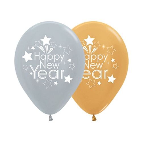 30cm Sempertex Happy New Year Metallic Silver & Gold Latex Balloons 25 Pack