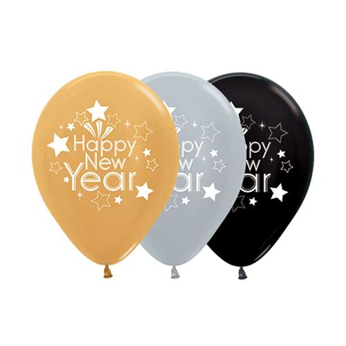 30cm Sempertex Happy New Year Metallic Silver, Gold & Black Latex Balloons 25 Pack