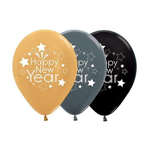 30cm Sempertex Happy New Year Metallic Gold, Graphite & Black Latex Balloons 25 Pack