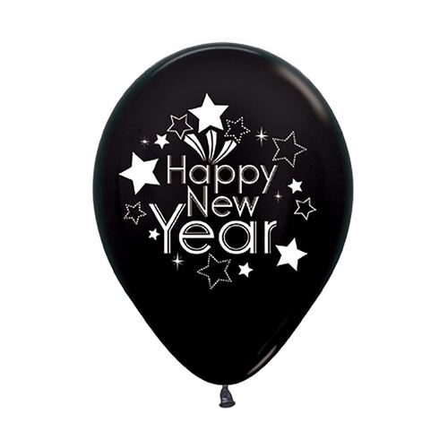 30cm Sempertex Happy New Year Metallic Black Latex Balloons 6 Pack