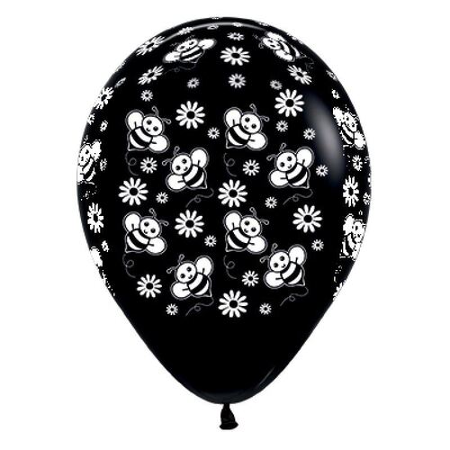 30cm Bumble Bee's & Flowers Fashion Black Latex Balloons 6 Pack